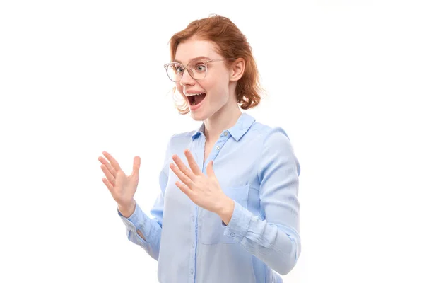 Shocked Face Red Haired Girl Business Shirt Looks Surprised Open — Stock Photo, Image