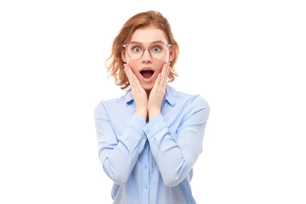 Shocked Face Ginger Girl Business Shirt Looks Surprised Open Mouth — Stock Photo, Image