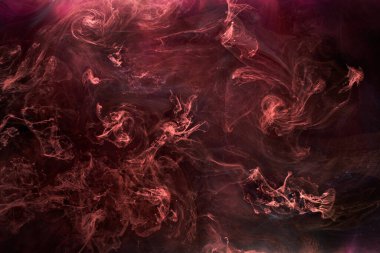 Siyah ve kırmızı mürekkep arka plan, renkli sis, soyut girdap okyanusu, akrilik boya pigmenti su altında, beyaz duman