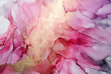 Alkol mürekkebi tekniğinde lüks soyut arka plan, pembe altın sıvısı tablo, dağınık akrilik damlalar ve girdap lekeleri, basılı malzemeler.