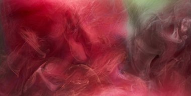 Siyah mürekkep arka planında yeşil pembe duman, renkli sis, soyut girdap dokunuşu okyanus denizi, akrilik boya pigmenti su altında