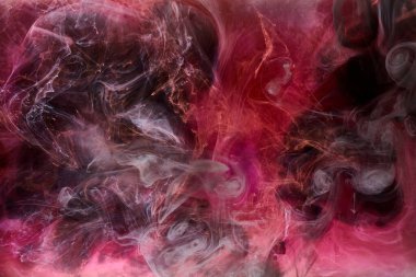 Siyah ve kırmızı mürekkep arka plan, renkli sis, soyut girdap okyanusu, akrilik boya pigmenti su altında, beyaz duman