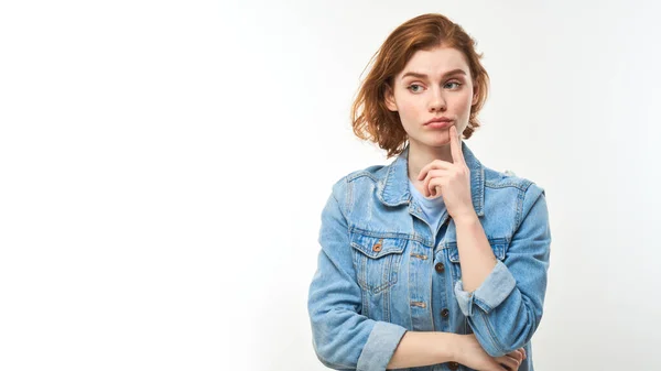 Smart Redhead Girl Casual Holding Chin Thinks Doubts Makes Decision — Stock Photo, Image