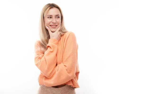 Smart Blonde Girl Casual Holding Chin Thinks Doubts Makes Decision — Stock Photo, Image