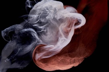 Orange white smoke on black ink background, colorful fog, abstract swirling touch ocean sea, acrylic paint pigment underwater clipart