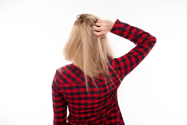 Smart Blonde Girl Casual Holding Her Head Thinks Doubts Makes — Stock Photo, Image