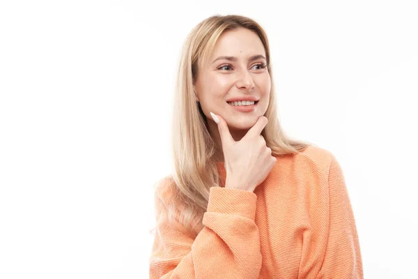 Smart Blonde Girl Casual Holding Chin Thinks Doubts Makes Decision — Stock Photo, Image