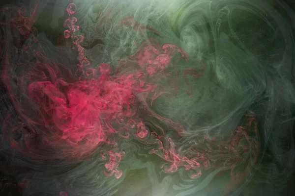 Zelený Růžový Kouř Černém Inkoustu Pozadí Barevná Mlha Abstraktní Vířící — Stock fotografie