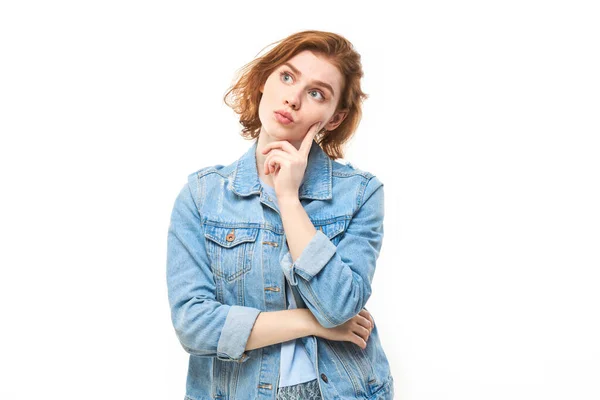 Smart Redhead Girl Casual Holding Chin Thinks Doubts Makes Decision — Stock Photo, Image