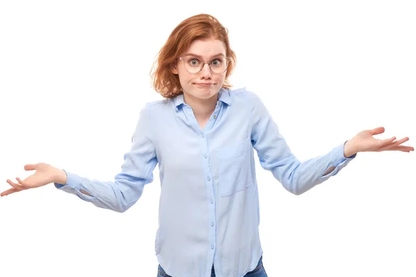 Smart Redhead Girl Business Shirt Glasses Shrugging Hands Thinks Doubts — Foto Stock