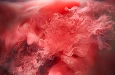Siyah ve kırmızı mürekkep arka plan, renkli sis, soyut girdap okyanusu, akrilik boya pigmenti su altında, beyaz duman