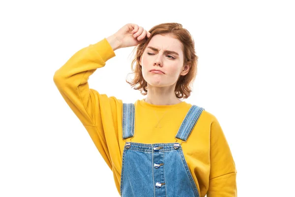 Menina Ruiva Inteligente Toques Casuais Cabeça Pensa Dúvidas Toma Decisão — Fotografia de Stock