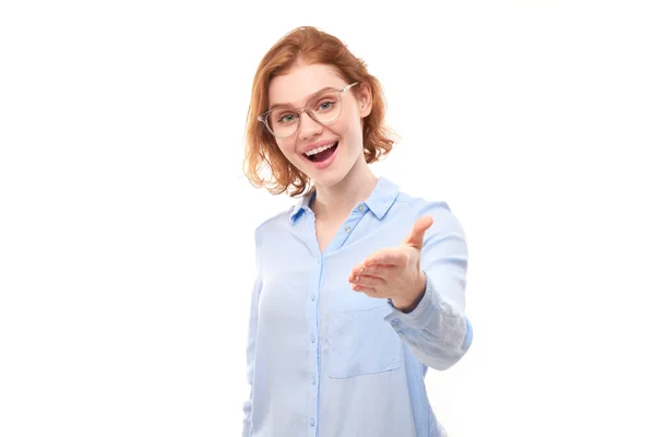 Portrait Friendly Redhead Girl Chooses You Points Finger Camera Isolated — Stock Photo, Image