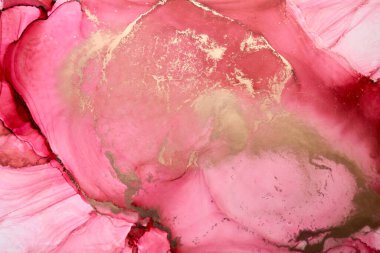 Pembe altın rengi mürekkep, soyut arka plan, mermer desen, akışkan sanat desenli duvar kağıdı, boya karışımı su altı dalgalı lekeler ve lekeler.