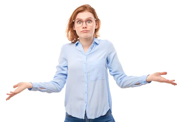 Smart Redhead Girl Business Shirt Glasses Shrugging Hands Thinks Doubts — Stock Photo, Image