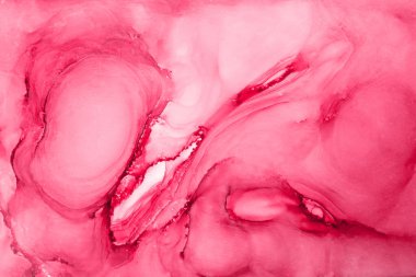 Yakut pembe mürekkep soyut arkaplan, mermer doku, akışkan sanat desenli duvar kağıdı, sualtı dalgalı lekeler ve lekeler.