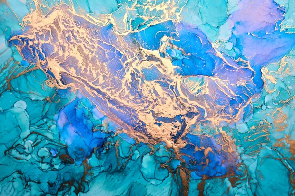 Blauwe Gouden Inkt Luxe Abstracte Achtergrond Kleurrijke Marmeren Textuur Vloeibare — Stockfoto