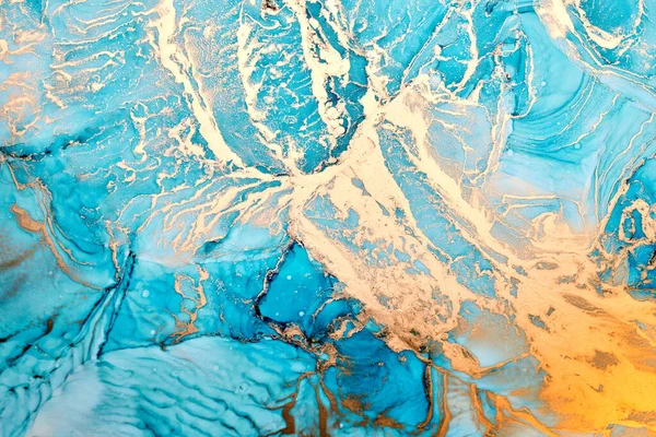 Blauwe Gouden Inkt Luxe Abstracte Achtergrond Kleurrijke Marmeren Textuur Vloeibare — Stockfoto