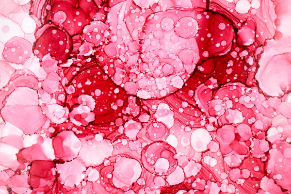 Ruby pink ink abstract background, marble texture, fluid art pattern wallpaper, paint mix underwater wavy spots and stains