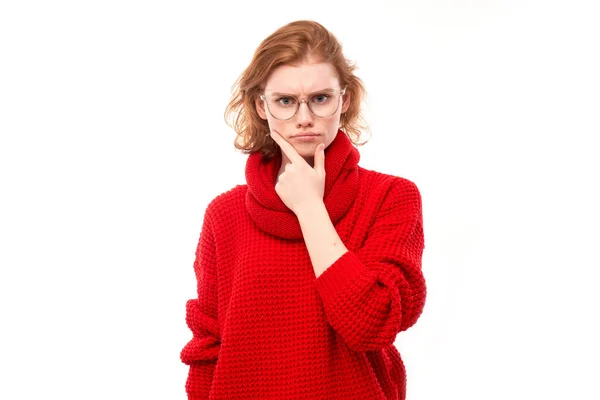 Smart Redhead Girl Red Glasses Holding Chin Thinks Doubts Makes — Foto Stock