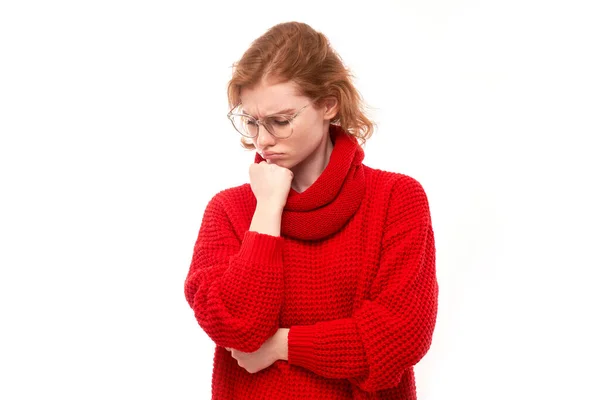 Smart Redhead Girl Red Glasses Holding Chin Thinks Doubts Makes — Foto de Stock