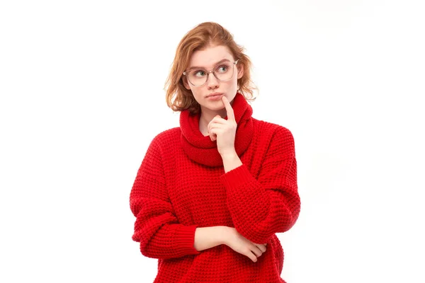 Smart Redhead Girl Red Glasses Holding Chin Thinks Doubts Makes — Foto Stock