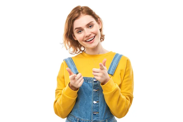 Portrait Friendly Redhead Girl Chooses You Points Finger Camera Isolated — Stock Photo, Image