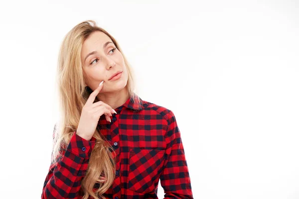 Smart Blonde Girl Casual Holding Chin Thinks Doubts Makes Decision — Stock Photo, Image