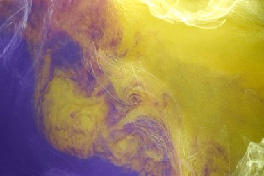 Sıvı akışkan sanat özgeçmişi. Mor, sarı dans eden akrilik boyalar suyun altında, uzay dumanı okyanusu, renk patlaması