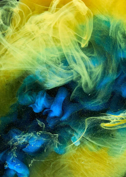 Arte Líquido Fluido Fondo Abstracto Pinturas Acrílicas Baile Amarillo Azul — Foto de Stock