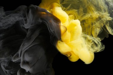 Sıvı akışkan sanat özgeçmişi. Siyah, sarı dans eden akrilik boyalar suyun altında, uzay dumanı okyanusu