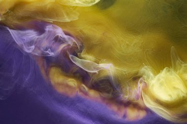 Sıvı akışkan sanat özgeçmişi. Mor, sarı dans eden akrilik boyalar suyun altında, uzay dumanı okyanusu, renk patlaması
