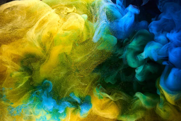 Vloeibare Vloeibare Kunst Abstracte Achtergrond Blauw Geel Dansen Acryl Verf — Stockfoto