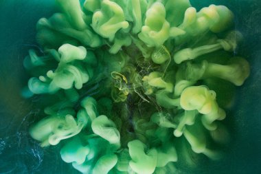 Sıvı akışkan sanat özgeçmişi. Yeşil dans eden akrilik boyalar su altında, kozmik duman okyanusu