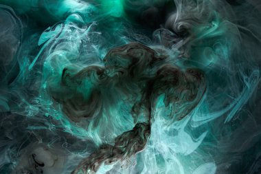 Sıvı akışkan sanat özgeçmişi. Mavi yeşil akrilik boya suyun altında, galaktik duman okyanusu