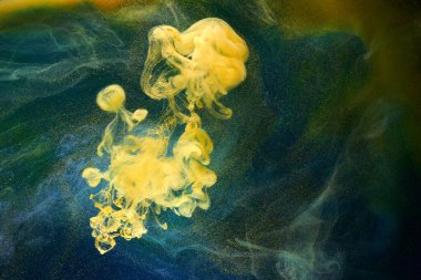 Sıvı akışkan sanat özgeçmişi. Mavi sarı dans eden akrilik boyalar suyun altında, okyanus dumanı