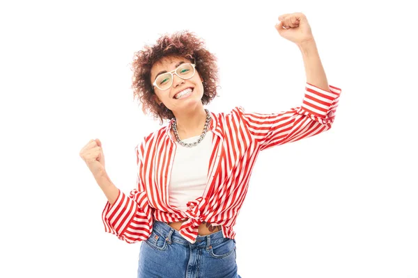 Positive Lucky Kazakh Girl Afro Hairstyle Laughing Rejoices Celebrating Victory — Stock Photo, Image