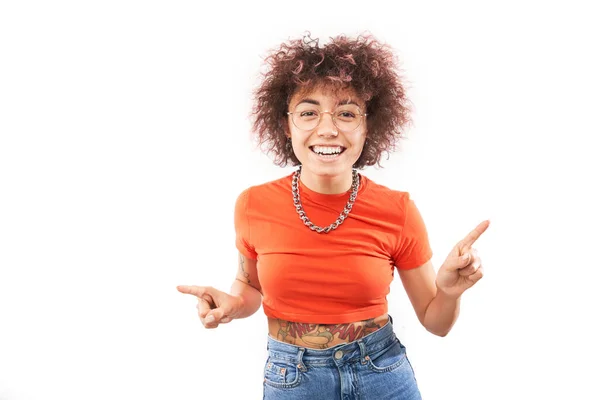 Positive Kazakh Girl Afro Hairstyle Points Forefinger Copy Space Isolated — Stock Photo, Image