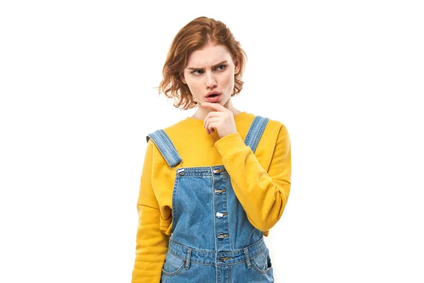 Smart Redhead Girl Casual Holding Chin Thinks Doubts Makes Decision — Stock Photo, Image