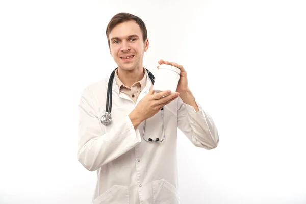 Portrait Doctor White Medical Coat Showing Empty Jar Isolated White — Stock Photo, Image