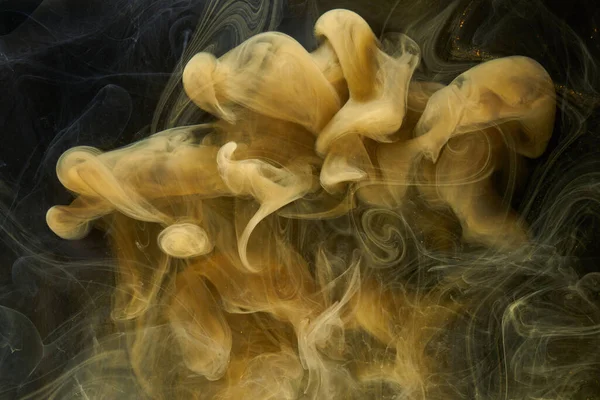 Sıvı akışkan sanat özgeçmişi. Siyah, sarı dans eden akrilik boyalar suyun altında, uzay dumanı okyanusu