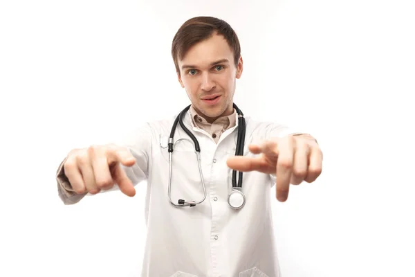 Portrait Friendly Positive Young Male Doctor White Medical Coat Chooses — Stock Photo, Image
