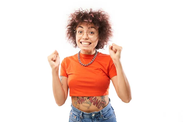 Positive Lucky Kazakh Girl Afro Hairstyle Laughing Rejoices Celebrating Victory — Stock Photo, Image