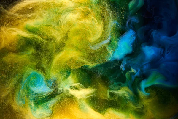 Flüssige Flüssige Kunst Abstrakten Hintergrund Blaugelbe Tanzende Acrylfarben Unter Wasser — Stockfoto