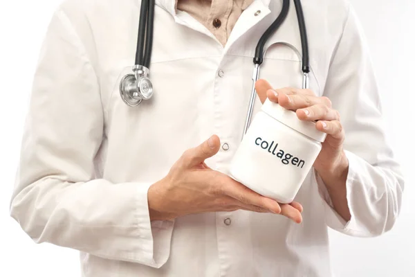 Portrait Doctor White Medical Coat Demonstrating Jar Collagen Isolated White — Stock Photo, Image