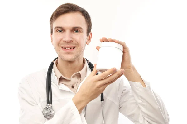 Portrait Doctor White Medical Coat Showing Empty Jar Isolated White — Stock Photo, Image