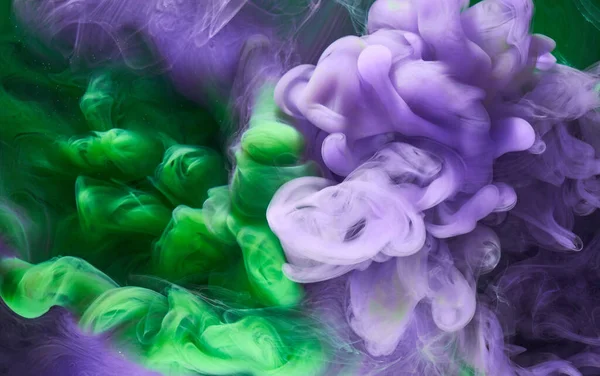 Fondo Abstracto Humo Púrpura Verde Pintura Acrílica Bajo Agua Explosión — Foto de Stock