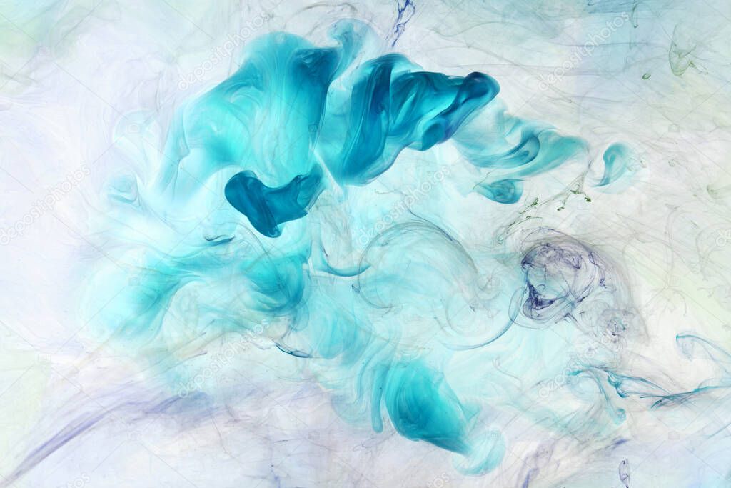 Blue multicolored smoke abstract background, acrylic paint underwater explosion