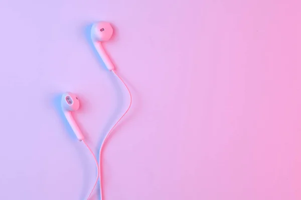 Wired White Earphones Isolated White Background Close Pink Neon Light — Stock Photo, Image