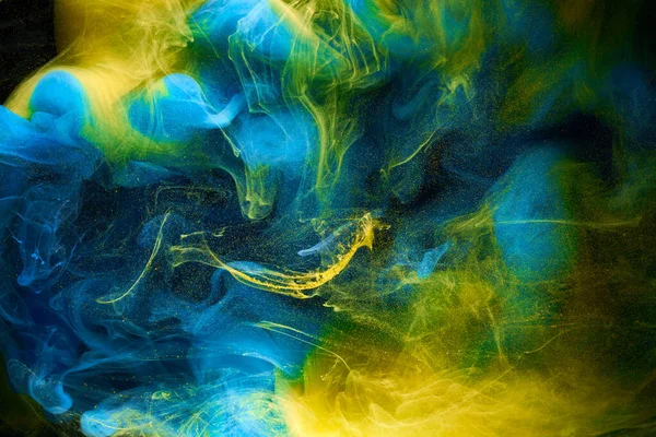 Flüssige Flüssige Kunst Abstrakten Hintergrund Blaugelbe Tanzende Acrylfarben Unter Wasser — Stockfoto